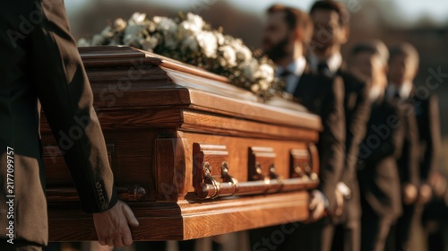 Group of people carrying a wooden coffin during a funeral service on a sunny day in a cemetery