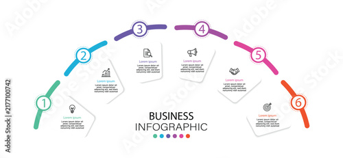 Vector infographic semi circle template diagram. Infographic template. Semicircle with icons and 6 steps. Vector round infographic chart templates in the form of semicircle. Vector illustration.