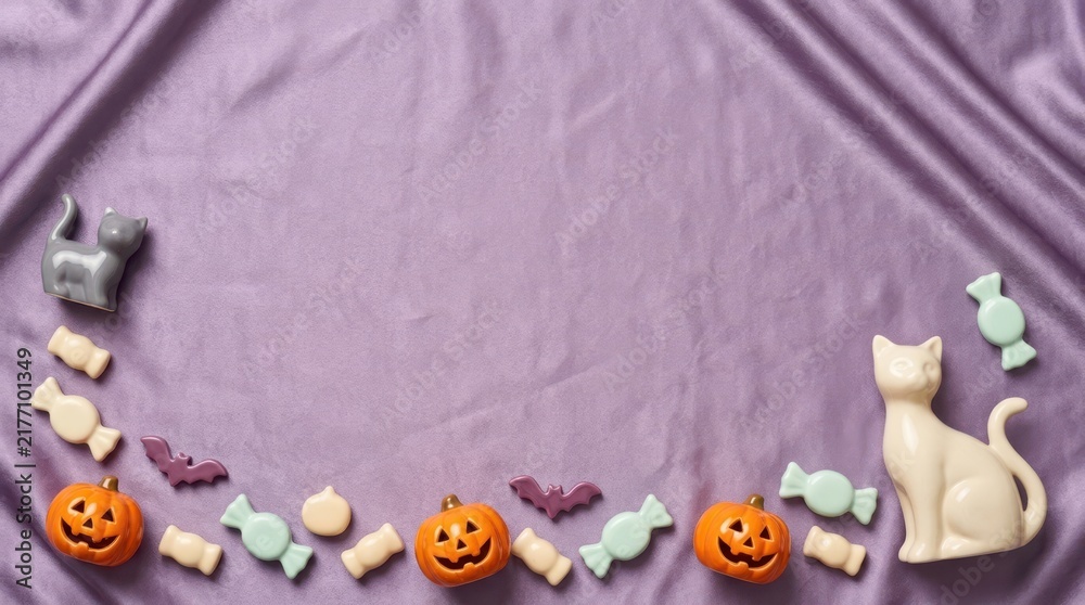 Fototapeta premium Halloween 3D Background with Halloween Candy Border and Copy Space on Fabric Background for Seasonal Promotion