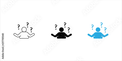 Minimal outline icon set. of a person with raised hands and question marks representing confusion, uncertainty, questions, problem solving, and decision making.
