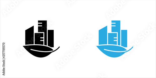 Minimal outline icon set. combining a cargo ship and buildings, representing shipping, logistics, freight transportation, international trade, and global commerce.