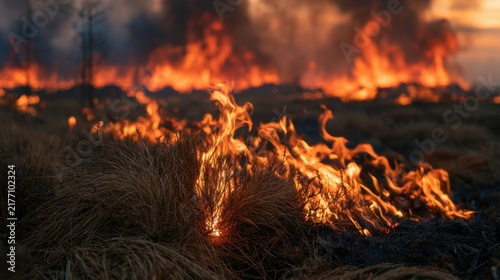 Grass fire spreads across a field at sunset in a rural area, creating smoke and bright flames