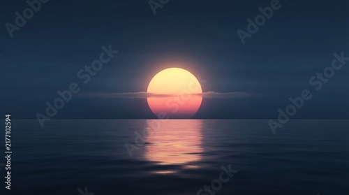 A serene sunset over a calm ocean with a glowing golden sun reflecting on the water surface