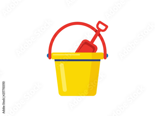 Bright yellow sand bucket with a red handle and a small red shovel, ready for beach play or sandbox fun, isolated on a white background.