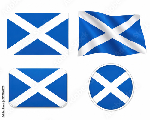 Set of scotland national flag icons in different shapes and styles