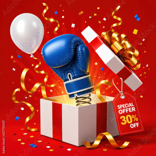 Blue boxing glove popping out of a festive gift box on red background
