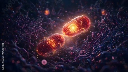 Mitochondria dividing like time-space ruptures, each one glowing with inner energy