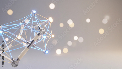 Obraz w ramie Abstract molecular structure model with glowing blue nodes floats against a warm bokeh background, representing scientific innovation.