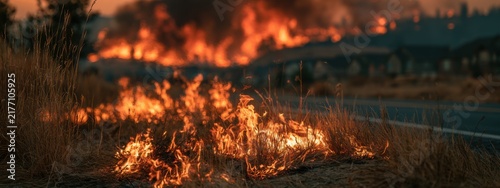 Wildfire spreads across land near residential area during sunset