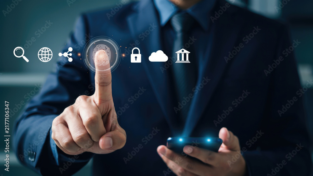 Obraz premium Businessman in a suit interacting with a digital fingerprint authentication interface on a screen with activate digital biometric his finger activate