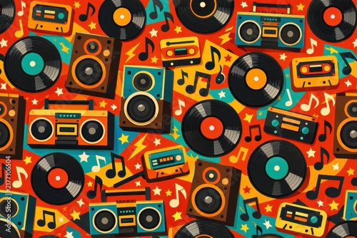 Colorful retro music pattern with vinyl records cassette tapes speakers and boombox seamless design