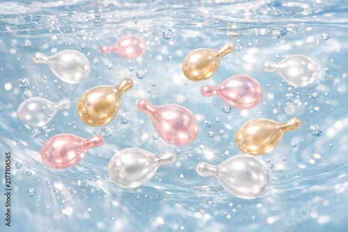 Colorful cosmetic serum capsules floating in clear water with hydration and skincare beauty concept