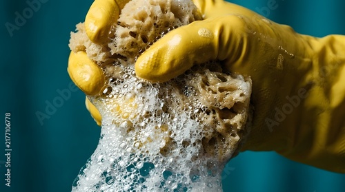 Yellow rubber gloves cleaning a dirty sponge with soap bubbles