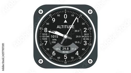 Altimeter aviation instrument displaying precise flight altitude metrics with white needles and detailed black dial face for cockpit navigation systems