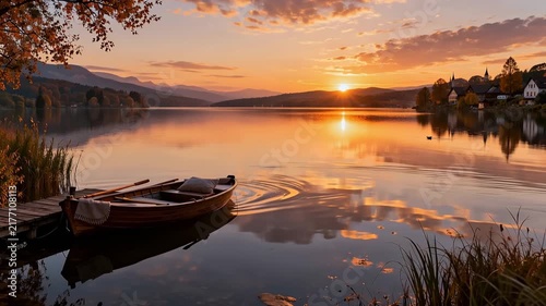 Wooden rowboat on calm mountain lake at golden sunset with village and autumn reflections