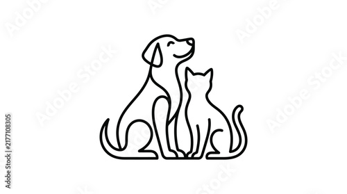 Minimalist line art illustration featuring a happy dog and a seated cat side by side in clean bold strokes