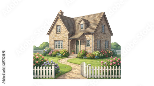 Charming Cottage with Garden: A picturesque brick cottage nestled amidst a vibrant garden, featuring a white picket fence and a winding path, evokes a sense of cozy tranquility and idyllic home life.