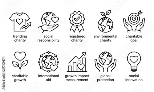 Charity impact and social responsibility vector icons for global aid reports, environmental campaign websites, and sustainability presentations. Featuring charitable goals, growth, and ecology.