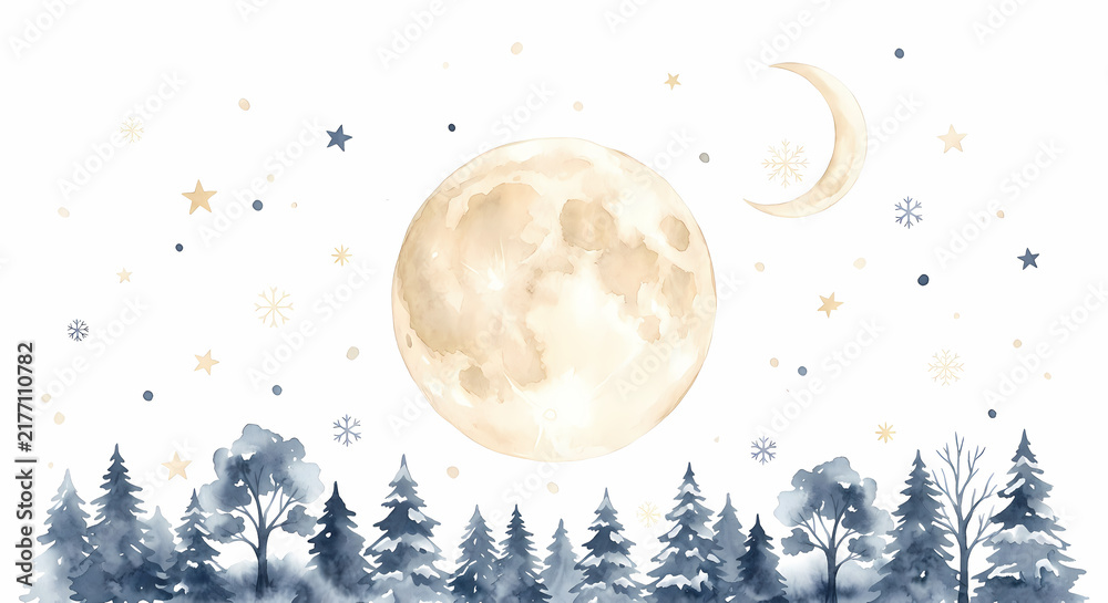 Naklejka premium 星月夜と静かに眠る冬の森 クリップアート 水彩