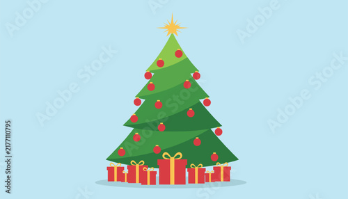 Decorative Christmas tree with star and red baubles and many wrapped presents underneath on a soft light blue studio background surface.