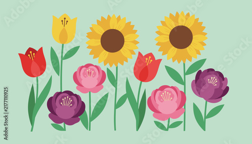 Assortment of vibrant garden flowers including sunflowers, tulips, and peonies with green stems, illustrated in a clean vector art style.