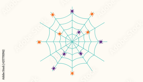 Intricate spider web design featuring scattered purple and orange spiders connected to the central web structure on a soft cream background.
