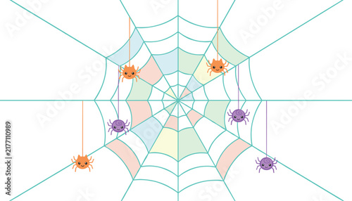 Cute spider web illustration featuring colorful pastel segments and friendly orange and purple spiders hanging from thin silky threads.