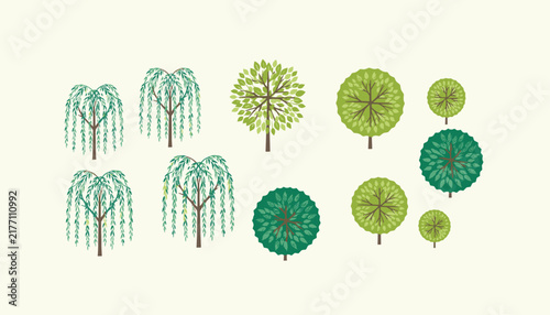 Set of green tree illustrations featuring different shapes including weeping willows and round canopy trees in a flat vector design style.