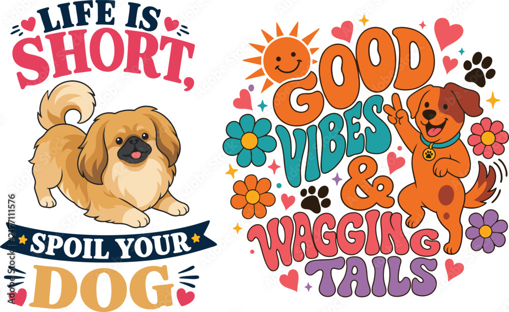 Fototapeta premium Dog illustrations with retro typography on a white background canine
