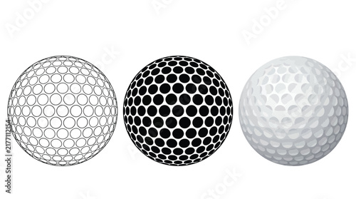 Three golf balls displayed as a line drawing, a solid black silhouette, and a realistic white spherical rendered object icon
