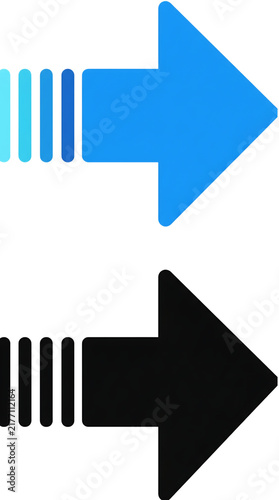 Blue and black right arrow symbols with motion lines, modern vector icons for website navigation and presentation design, flat style symbol graphic element