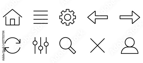 Minimalist line icons for web interface, 10 black outline vector symbols set, modern UI navigation and menu elements
