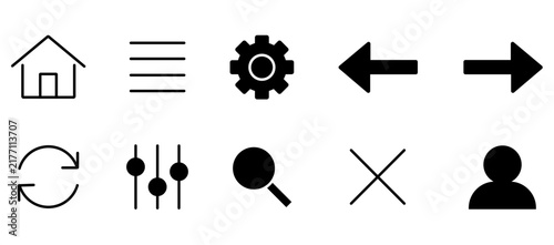 Minimalist black web icons set, 10 essential UI navigation symbols, flat vector interface elements for mobile apps and websites