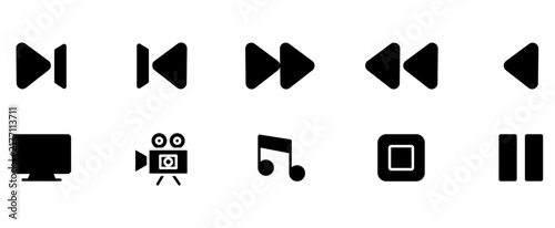 Minimalist media player icons, black vector playback symbols, 10 multimedia control elements for video and audio interfaces