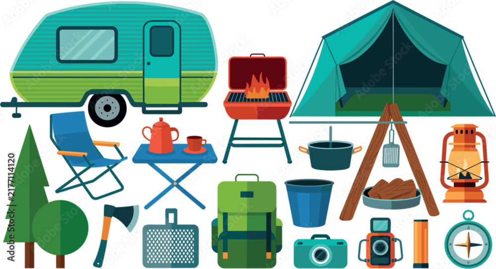 Naklejka premium Camping and Outdoor Adventure Vector Illustration Set Featuring Flat Icons of Camper Trailer Tent Barbecue Grill Backpack Lantern and Hiking Gear
