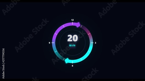 Neon digital 20 minutes countdown timer with circular progress bar