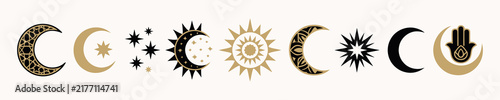 Celestial sun and moon icons set with stars and hamsa hand symbol in boho style