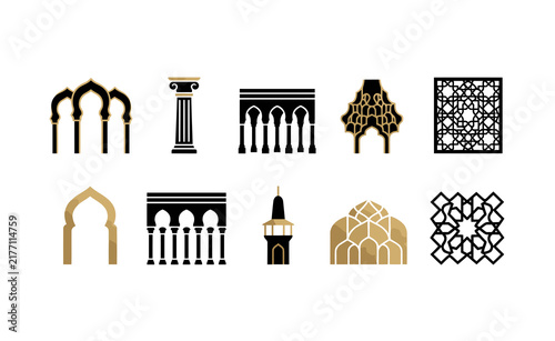 Islamic architecture icons set with mosque arches, columns and geometric patterns