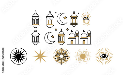 Ramadan Kareem line art icons set with lanterns, crescent moon, mosque and mystical symbols