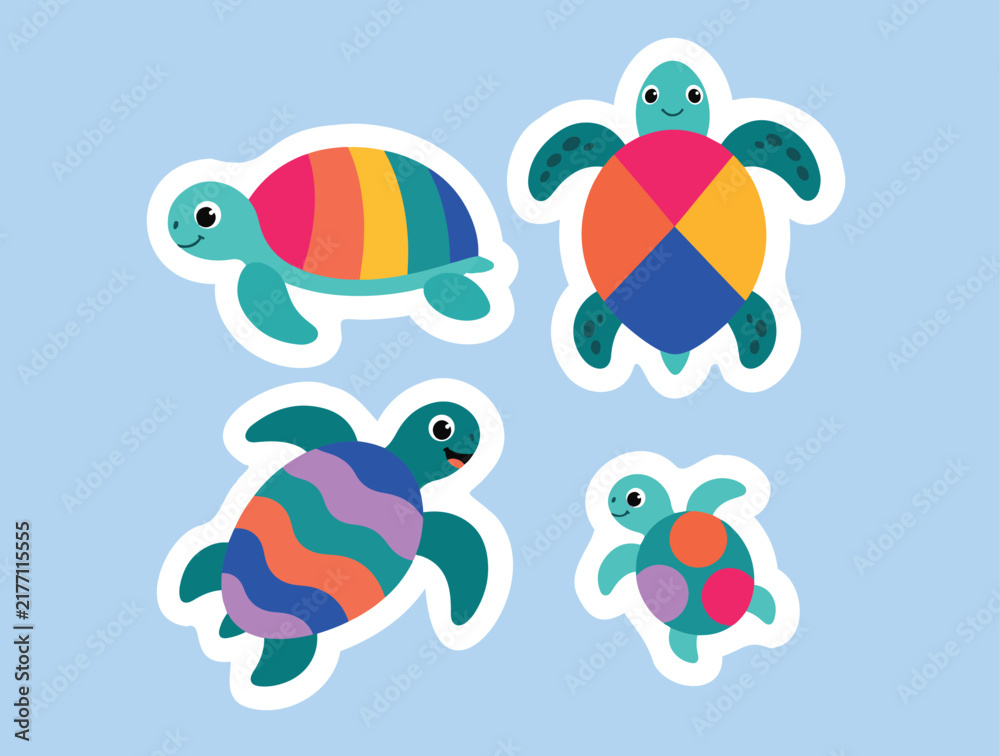 Fototapeta premium Four Cute Colorful Sea Turtle Stickers on Light Blue Background