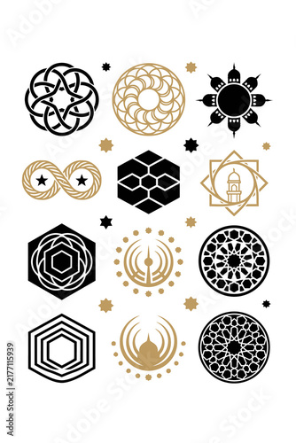 Set of Islamic geometric patterns and mandala symbols for Ramadan and Eid design