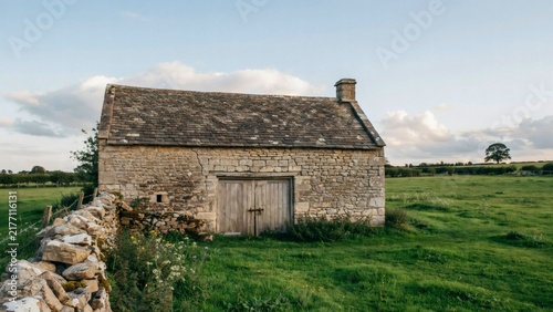 Old stone barn with wooden doors standing in a green field during the day with grassy meadow surrounded