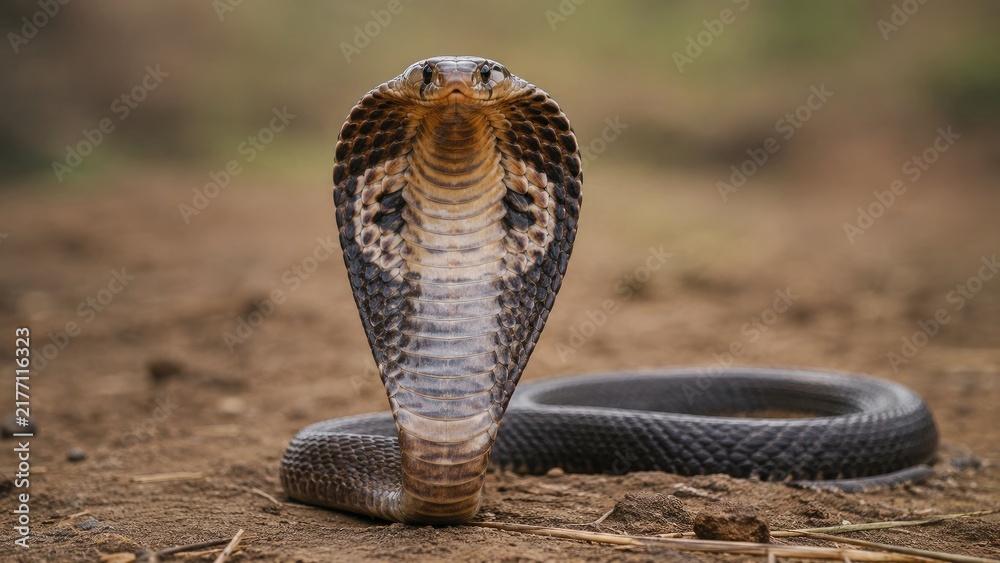 Fototapeta premium King cobra rearing with expanded hood on dirt ground, frontal close-up portrait showing scales and threat display