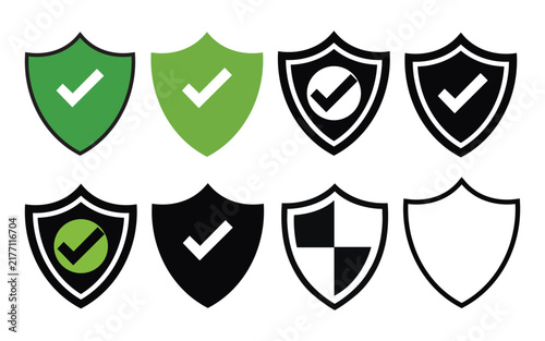 Shield Checkmark Icon Set, Security and Protection Badge Symbols, Safety Verification Vector Illustration for Modern Design.