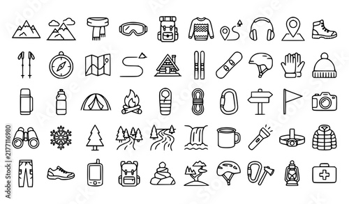 50 Hiking Skiing Winter Fashion and Mountain Travel Outline Icons