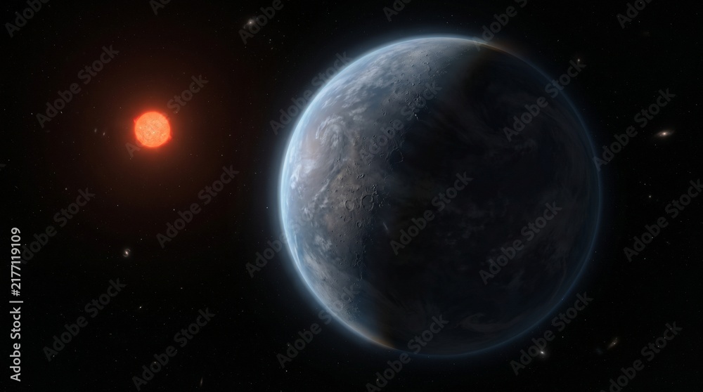 Obraz premium Cinematic View of an Alien Exoplanet Orbiting a Red Dwarf Star in Deep Space
