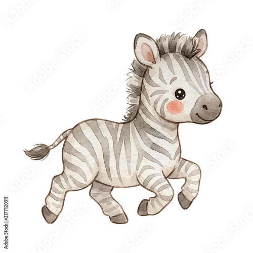 Cute Baby Zebra Running Watercolor Clipart PNG, Playful Safari Animal Illustration for Nursery Decor and Kids Room