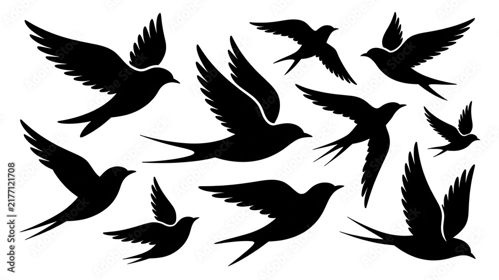 Fototapeta premium Flying birds silhouettes pattern wallpaper isolated on PNG transparent background. Birds flock isolated. Birds flock template.