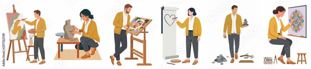 Obraz premium Flat vector illustration set of diverse artists engaged in various creative activities like painting, sculpting, drawing, and designing.