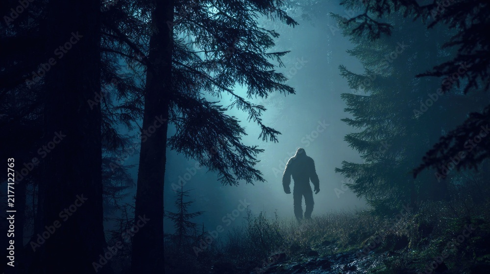 Obraz premium bigfoot walk in a foggy fir forest landscape